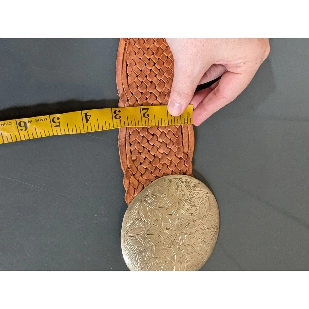 Vintage Western Braided Leather Belt Tan Wide Woven Silver Medallion Concho
